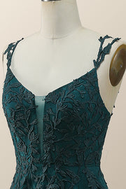 Dark Green Lace Appliques A-line Long Prom Dress