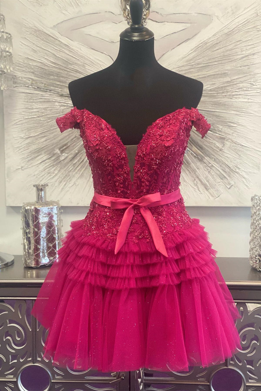 Off the Shoulder Fuchsia Appliques A-line Homecoming Dress