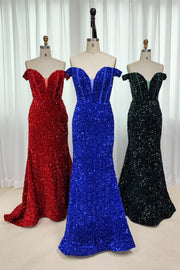 Off the Shoulder Dark Green Sequin Mermaid Prom Dress