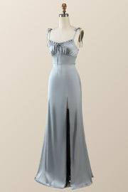 Misty Blue Straps Ruffle A-line Bridesmaid Dress