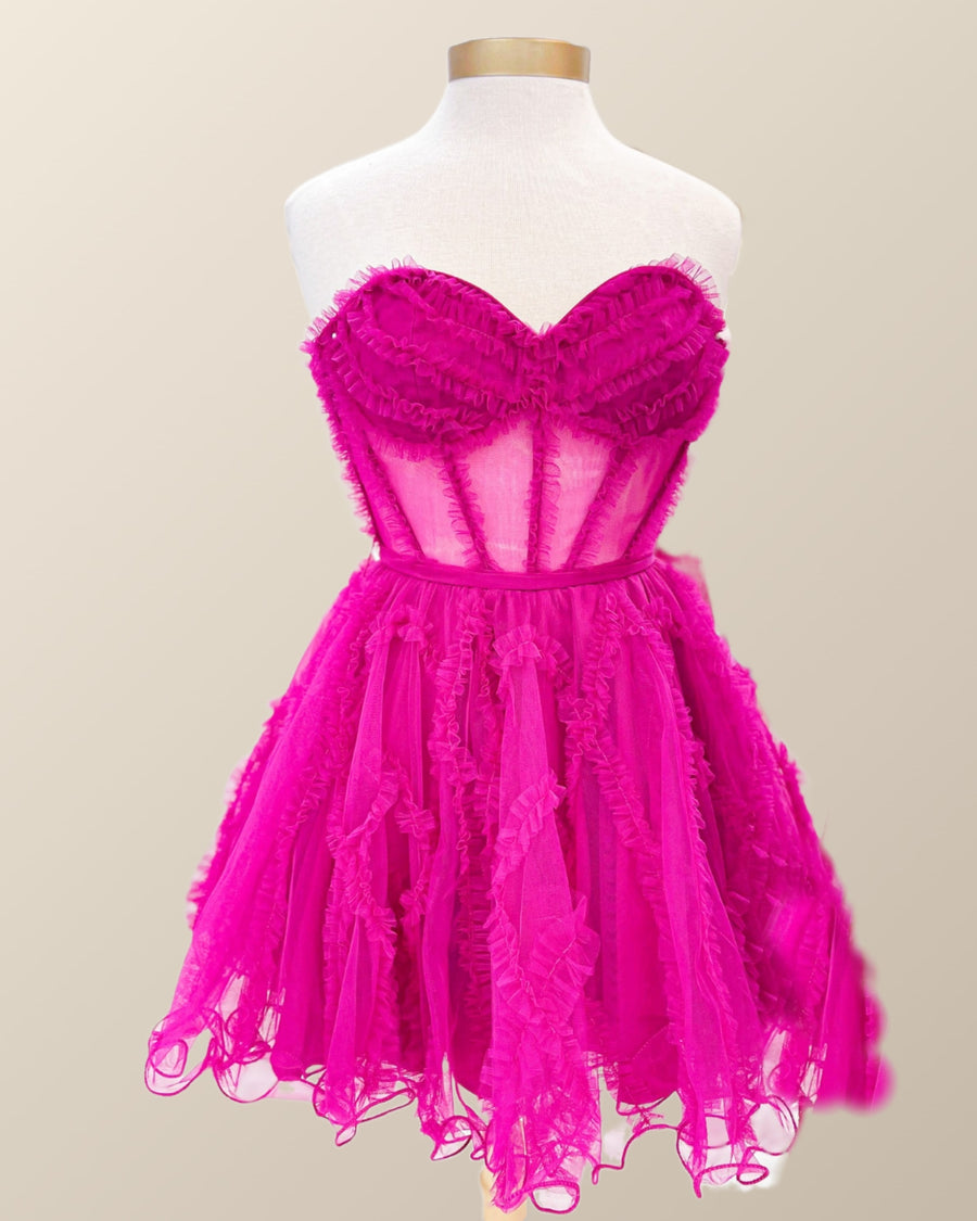 Sweetheart Fuchsia Ruffles Corset A-line Dress