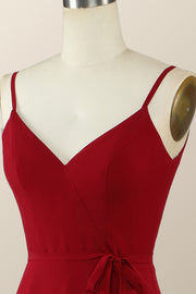 Wine Red Chiffon Wrap Ruffle Long Bridesmaid Dress