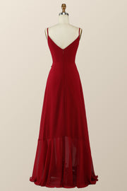 Wine Red Chiffon Wrap Ruffle Long Bridesmaid Dress