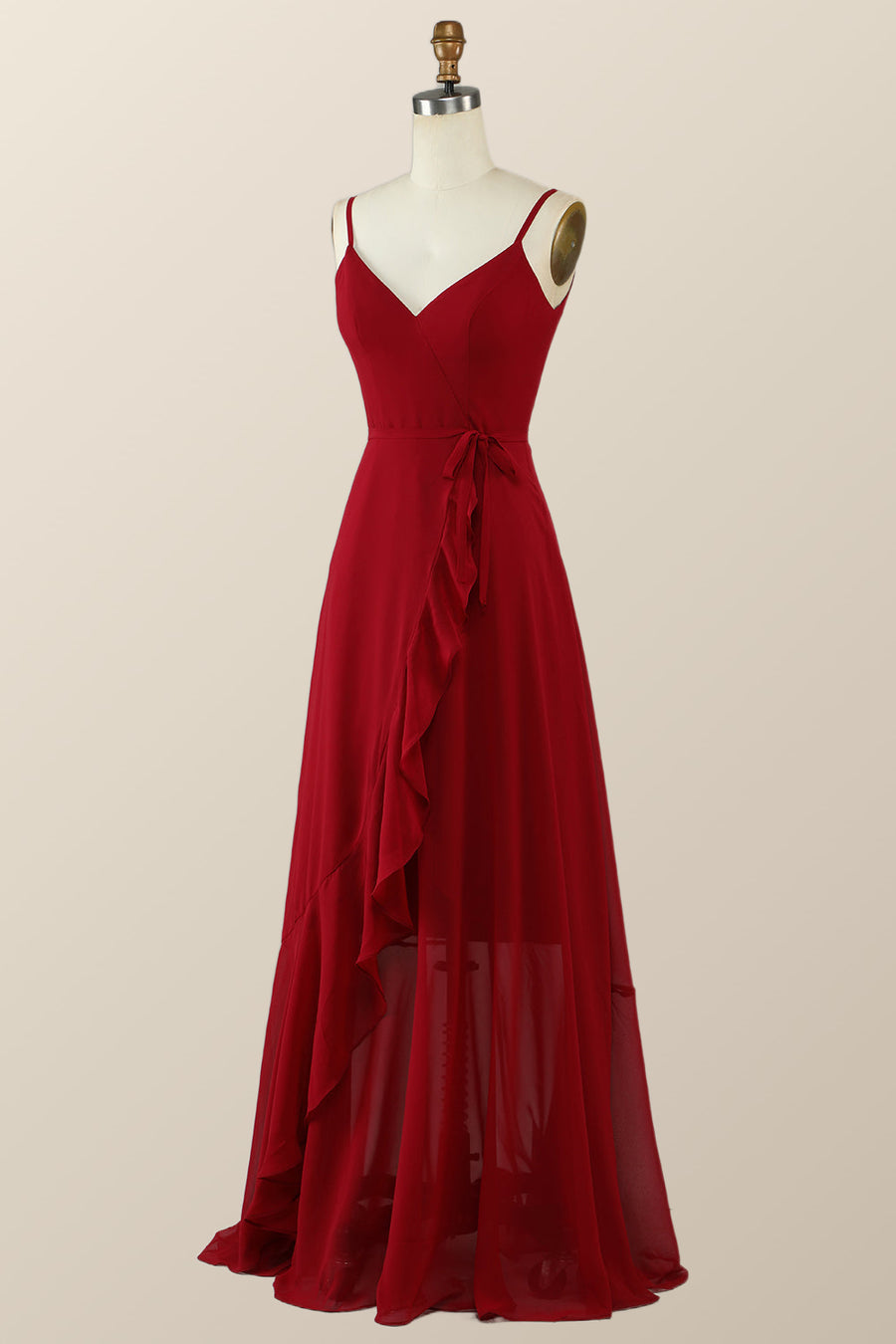 Wine Red Chiffon Wrap Ruffle Long Bridesmaid Dress