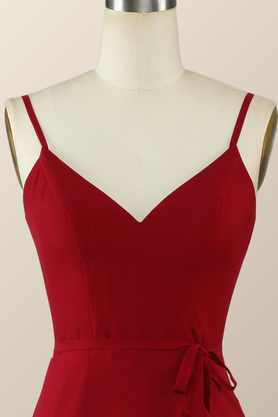 Wine Red Chiffon Wrap Ruffle Long Bridesmaid Dress