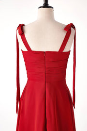 Rust Red Chiffon Long Bridesmaid Dress with Tie Shoulders