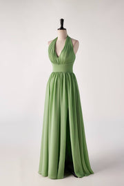 Halter V Neck Matcha Green Long Bridesmaid Dress