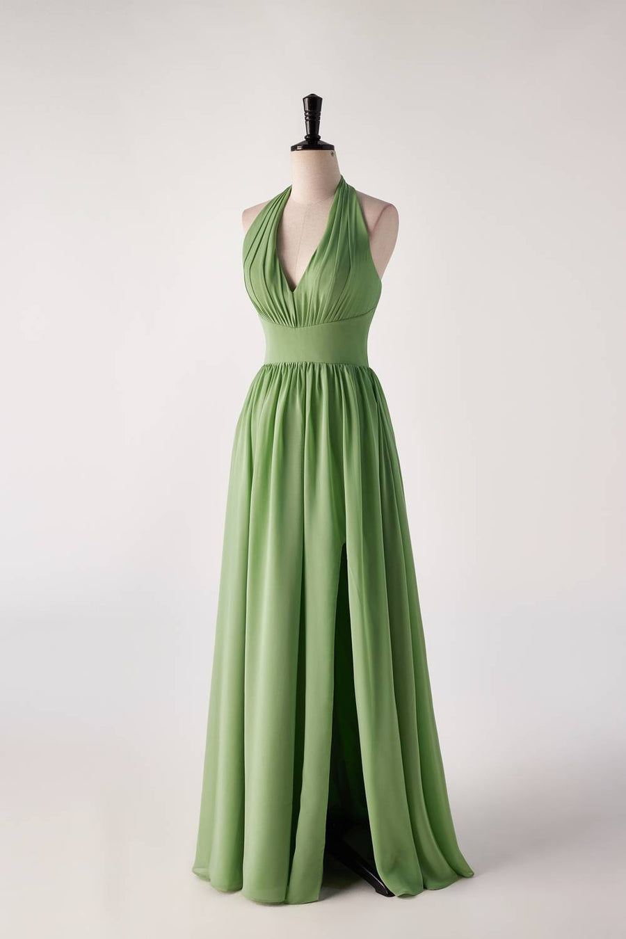 Halter V Neck Matcha Green Long Bridesmaid Dress