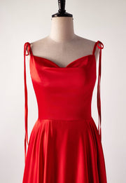 Cowl Neck Red Satin Long Maxi Dress