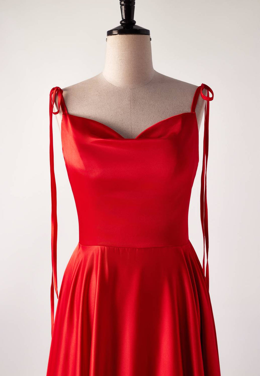 Cowl Neck Red Satin Long Maxi Dress