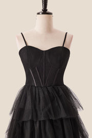 Straps Black Tiered Ruffles Long Maxi Dress