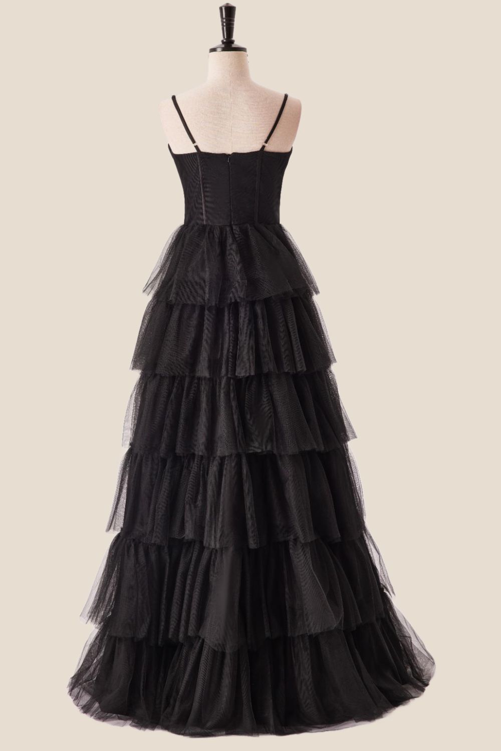 Straps Black Tiered Ruffles Long Maxi Dress