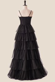 Straps Black Tiered Ruffles Long Maxi Dress