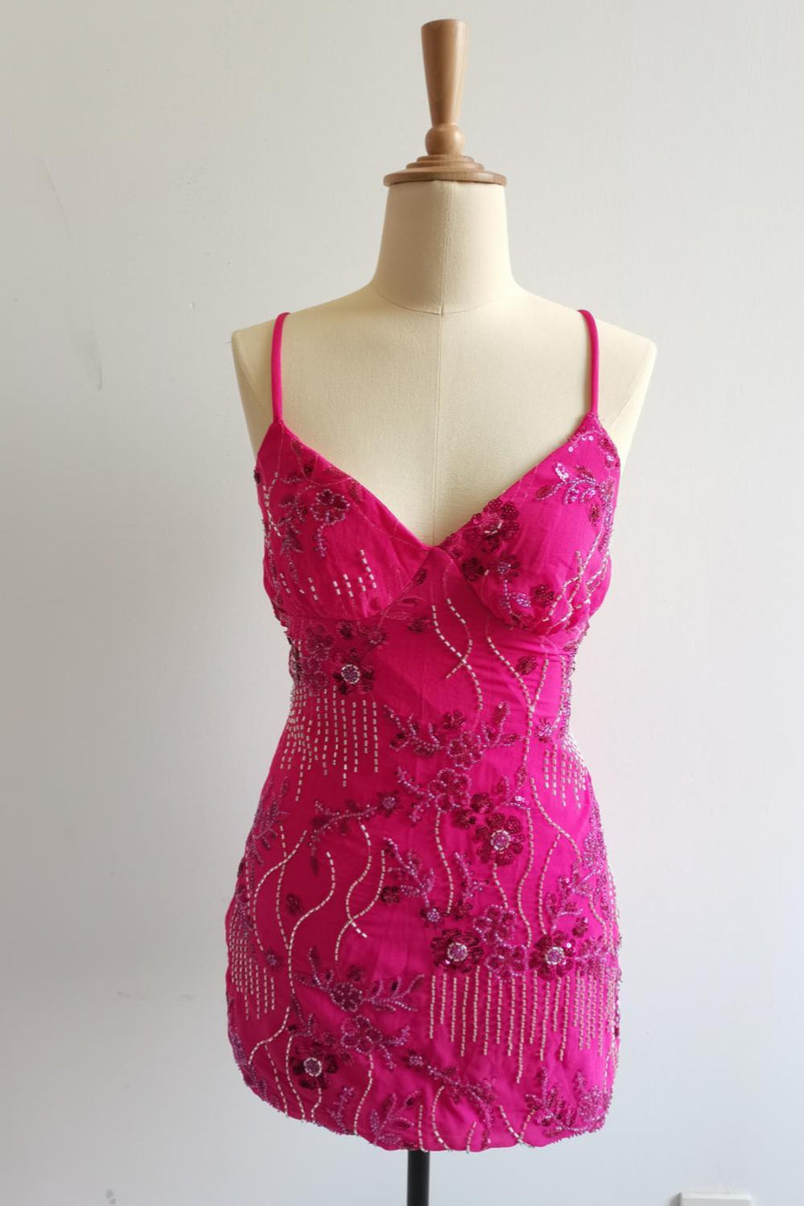 Spaghetti Straps Beaded Pink Mini Dress