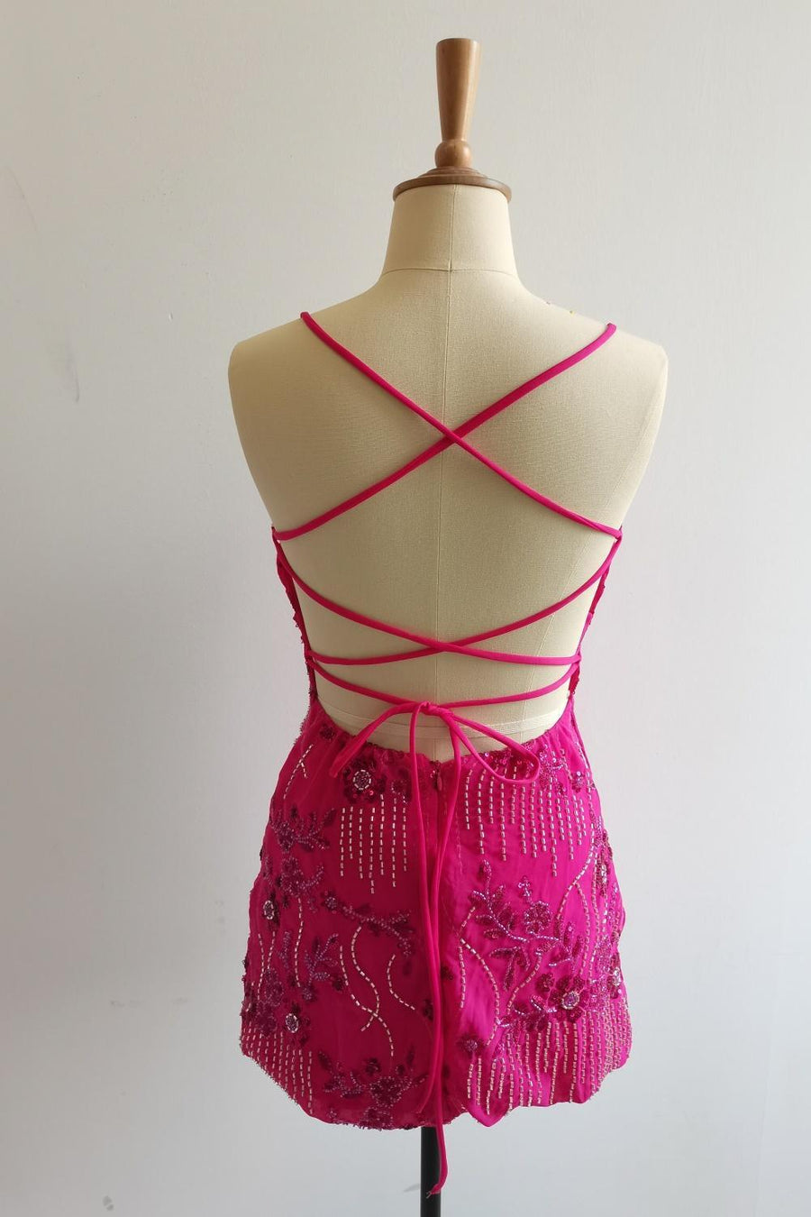 Spaghetti Straps Beaded Pink Mini Dress