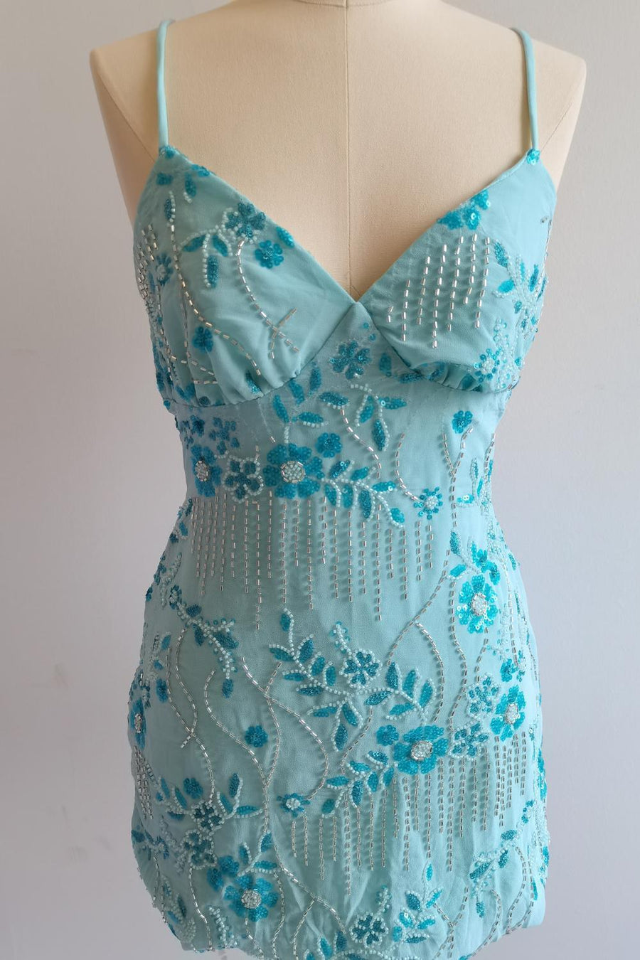 Spaghetti Straps Beaded Pink Mini Dress