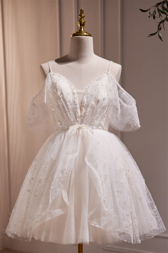 Off the Shoulder White Pearls A-line Short Dress Ohmollydress Off the Shoulder White Pearls A-line Short Dress Ohmollydress