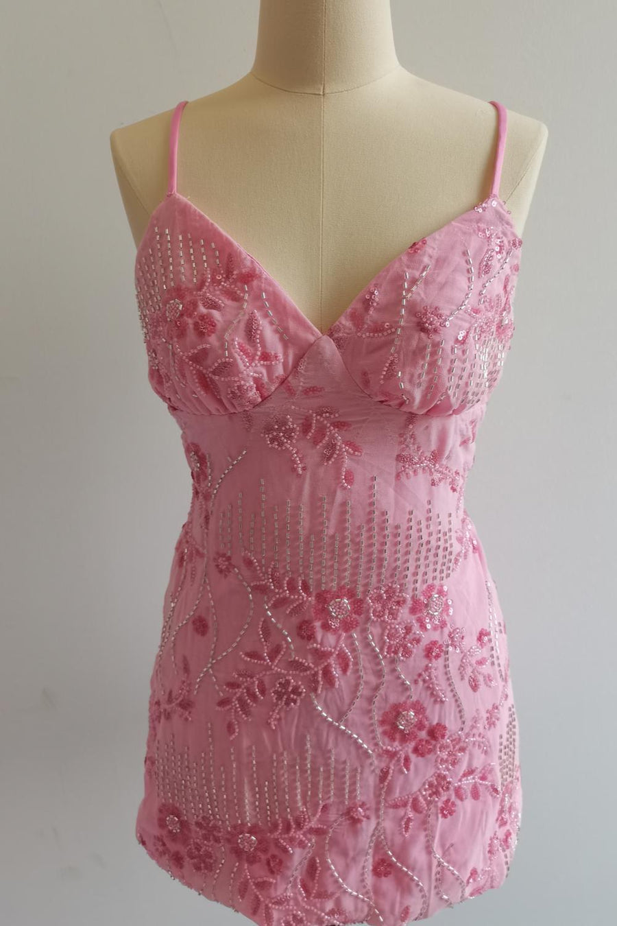 Spaghetti Straps Beaded Pink Mini Dress