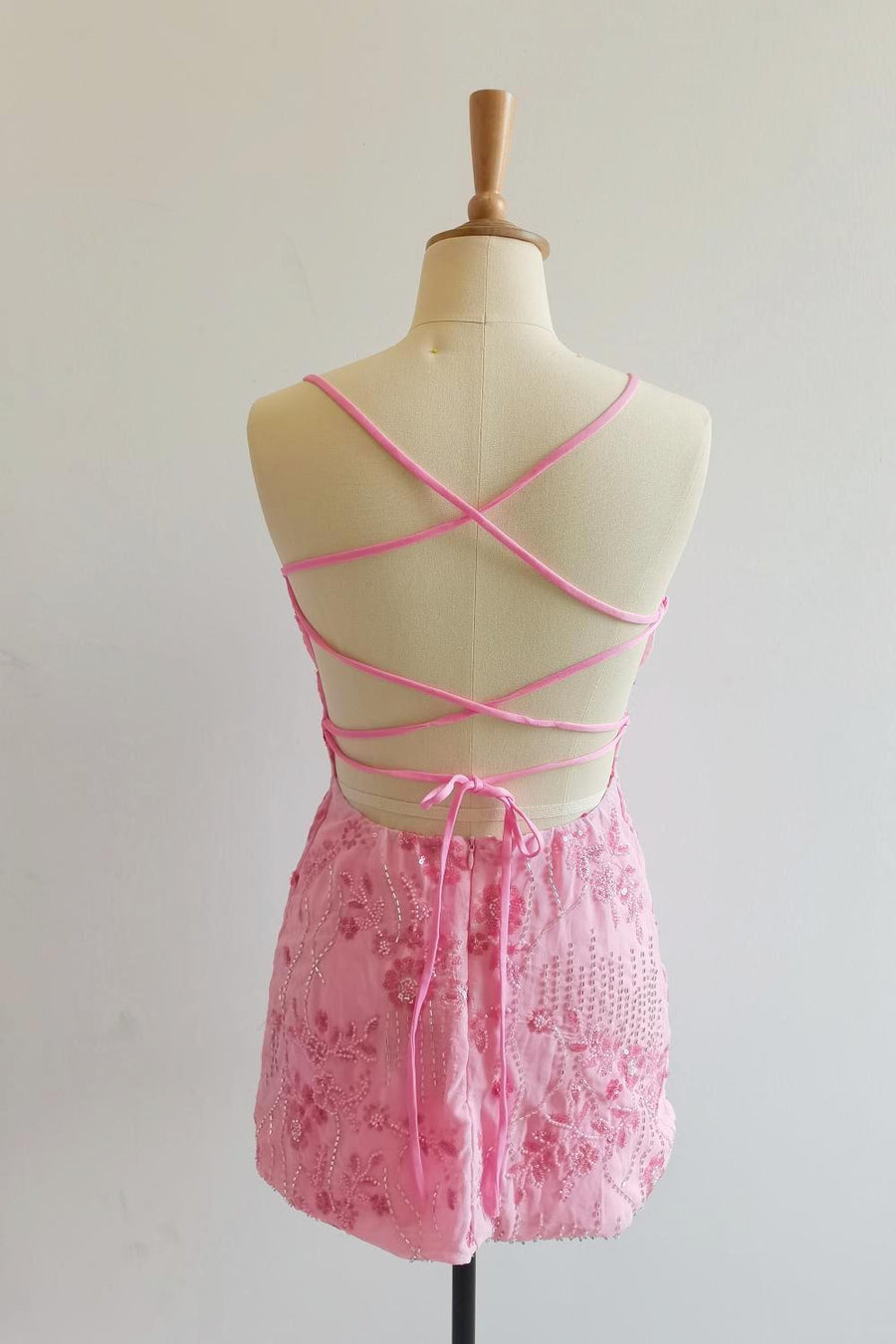 Spaghetti Straps Beaded Pink Mini Dress