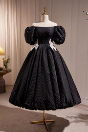 Off the Shoulder Black Tea Length Party Dress