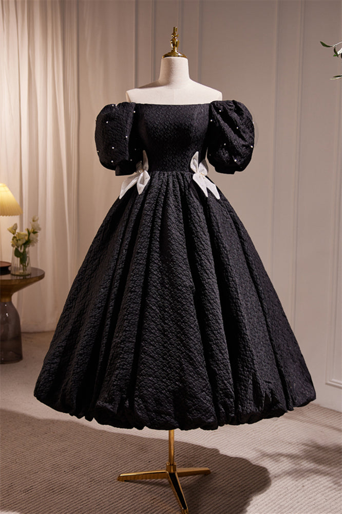 open lace back dress Velvet Tea Length Formal Dress, Velvet Wedding Party Dresses – jkprom main image 1