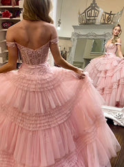 Off the Shoulder Red Appliques Tiered Long Formal Dress