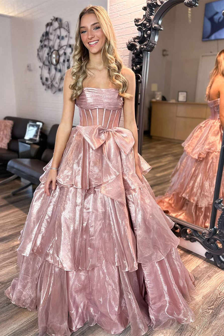 Strapless Blue Tiered Long Dress with bow