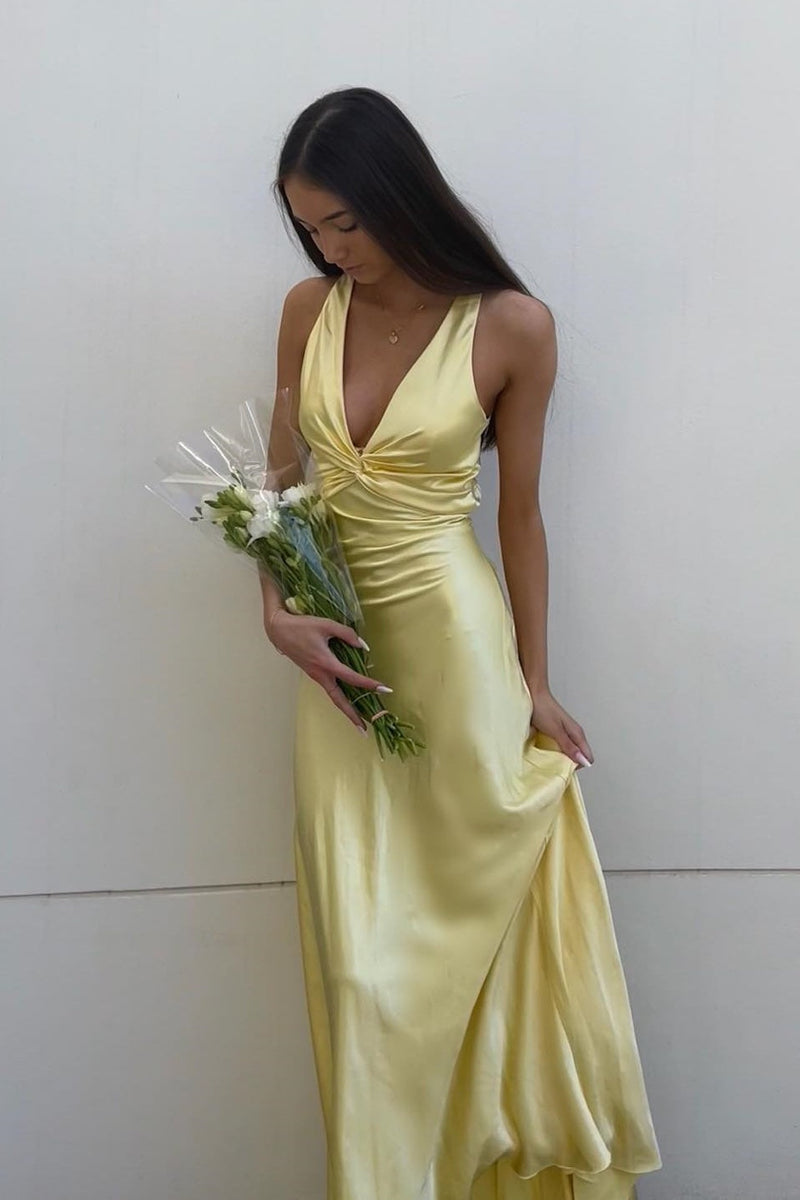 pale yellow satin dress Twist V-neck Open Back Sheath Long tied bow straps Shoe Size:5 1/2 D Sherri Hill Dress 57692 Womens Dillards Easter Dresses