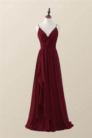 Wine Red Straps Ruffle A-line Long Bridesmaid Dress
