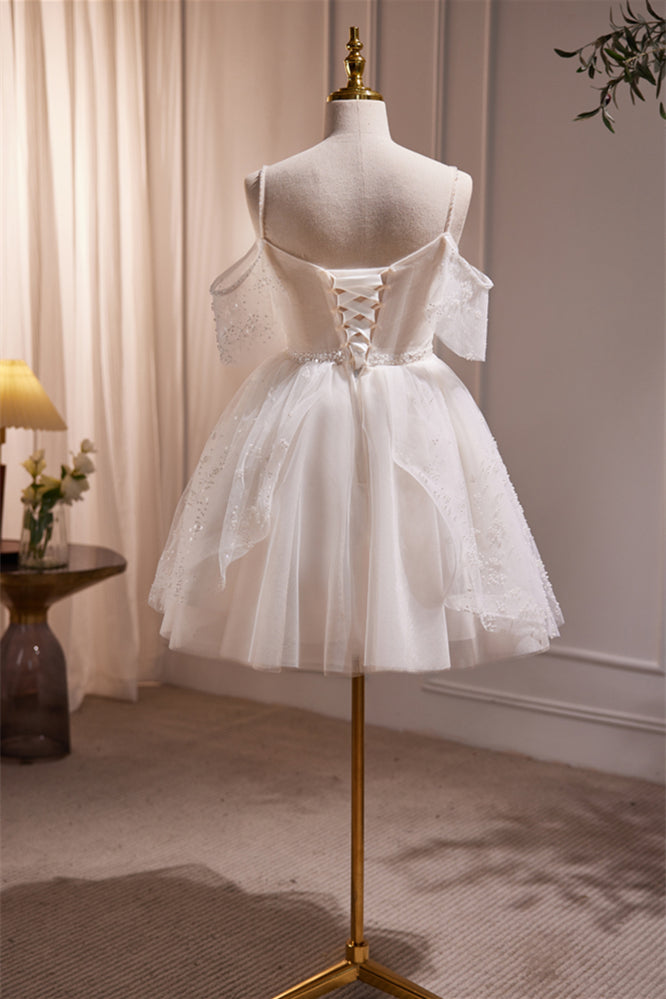 Off the Shoulder White Pearls A-line Short Dress – Ohmollydress