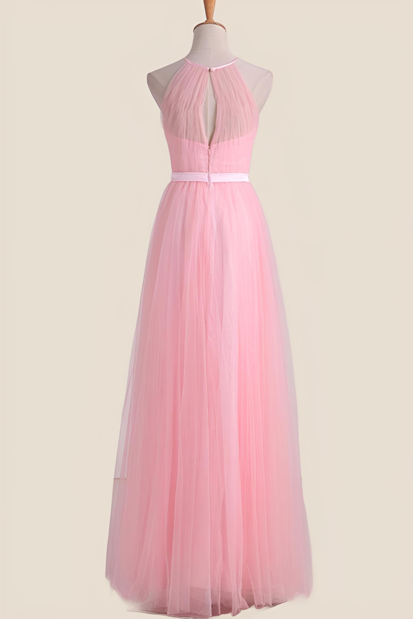 Halter Pink Pleated Tulle A-line Long Party Dress