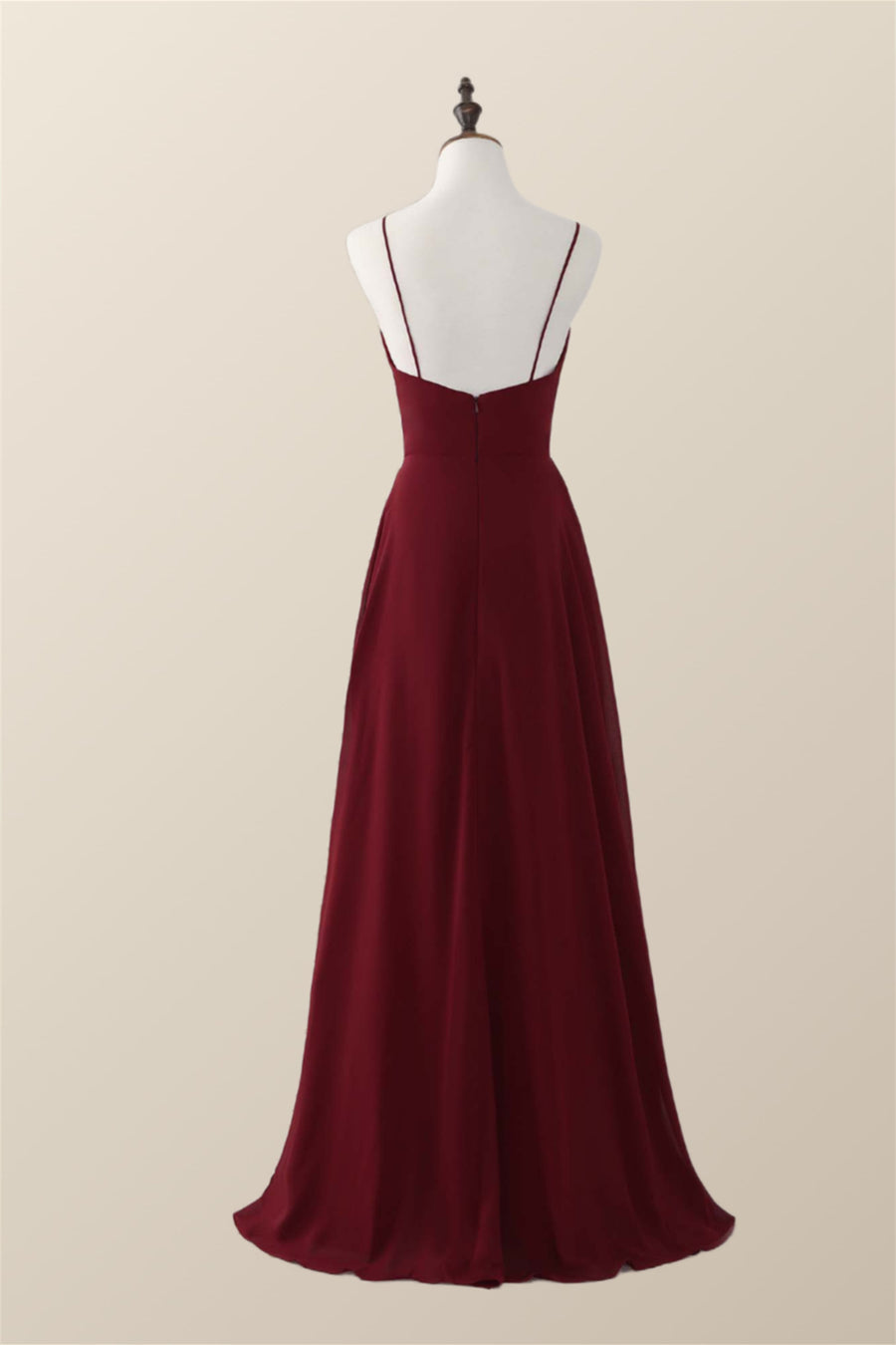 Wine Red Straps Ruffle A-line Long Bridesmaid Dress