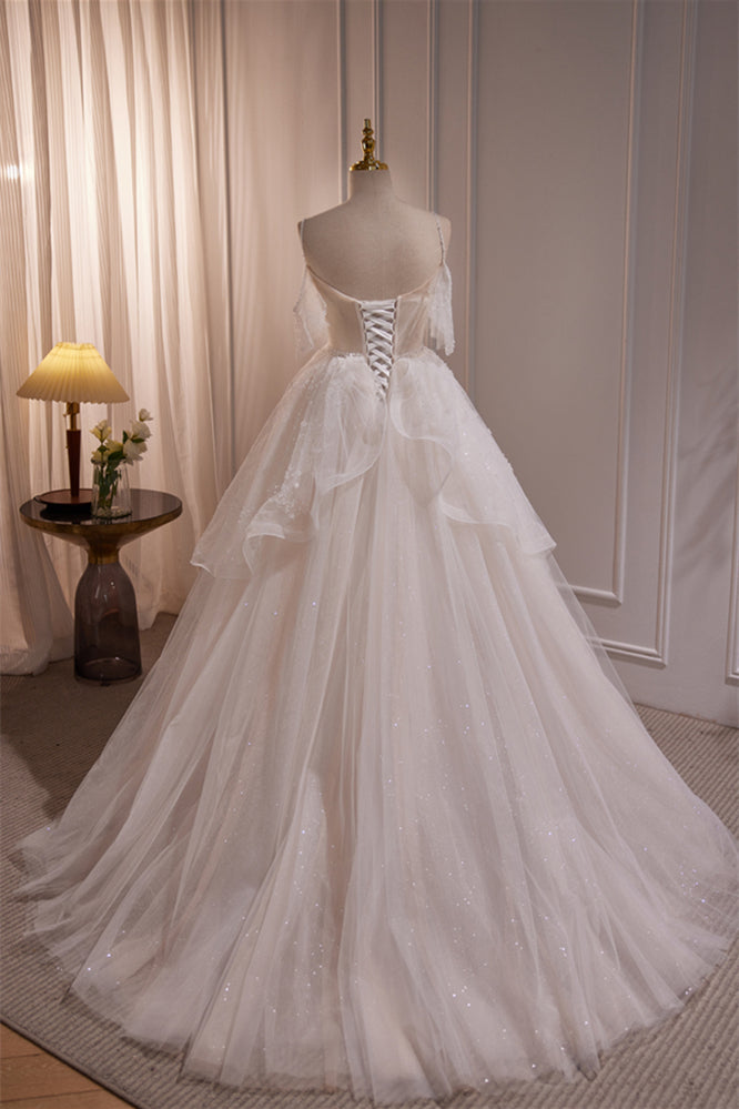 Straps White Tulle Tiered Tulle Formal Gown