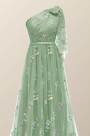One Shoulder Blue Floral Long Formal Dress