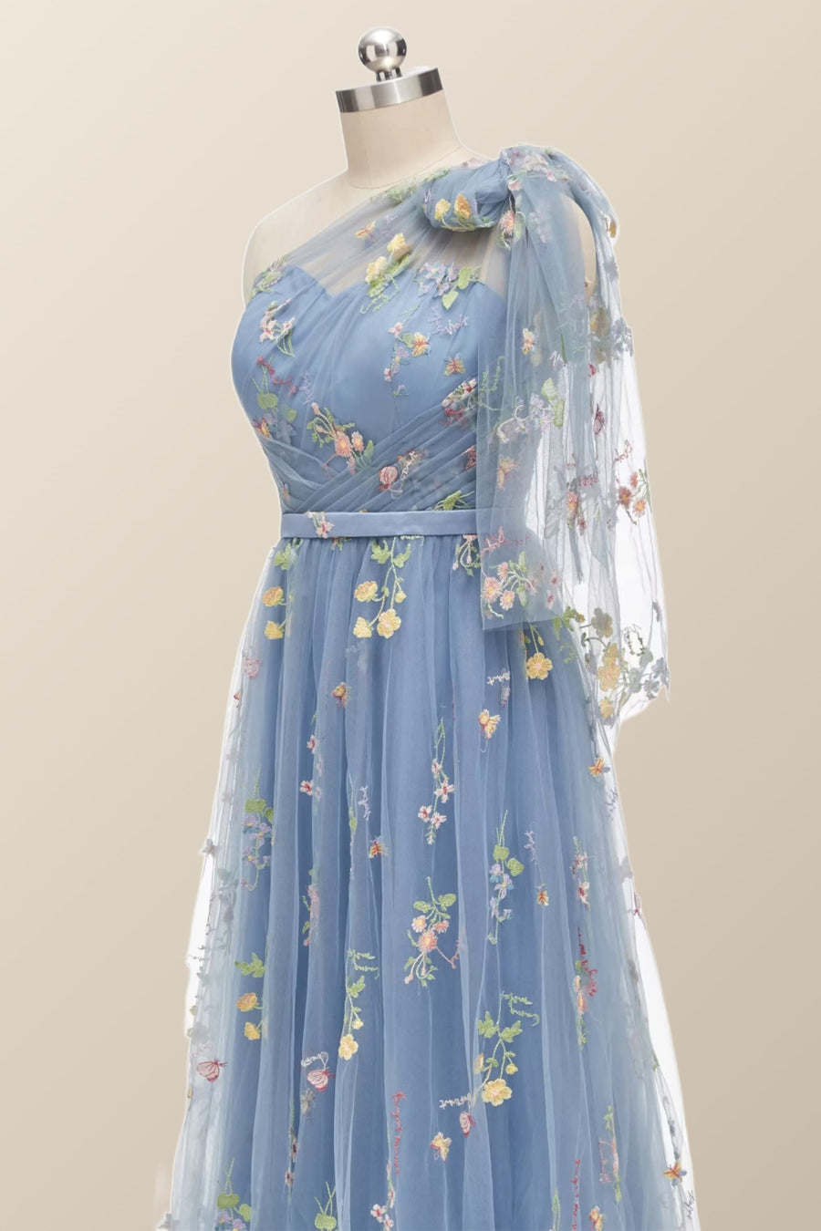 One Shoulder Blue Floral Long Formal Dress