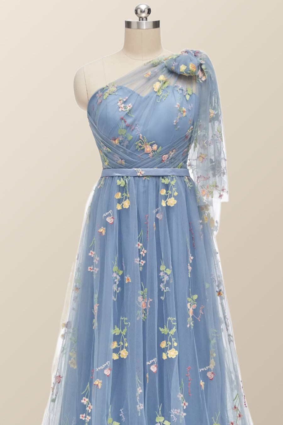 One Shoulder Blue Floral Long Formal Dress