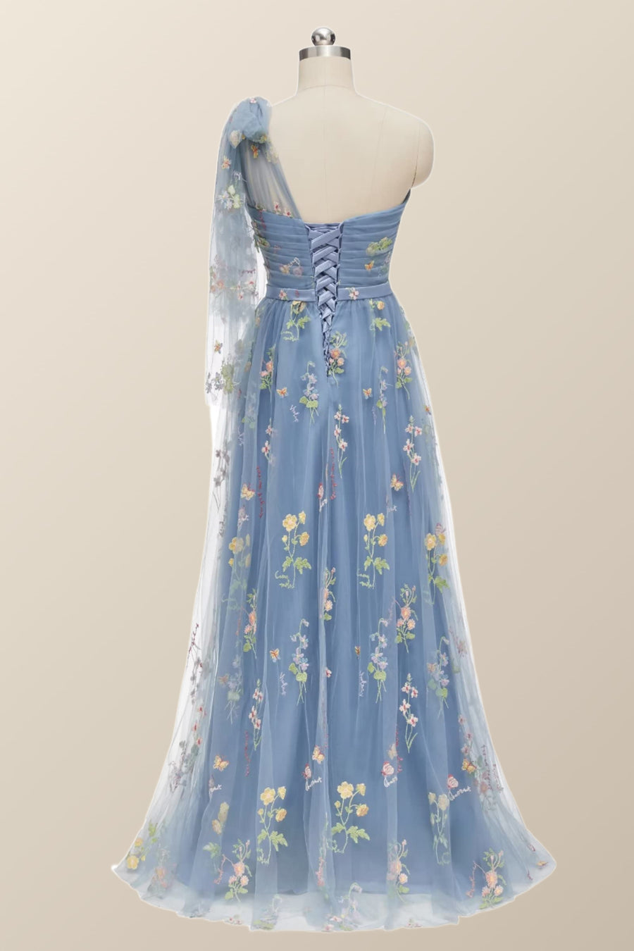 One Shoulder Blue Floral Long Formal Dress