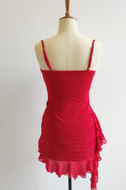 Straps Red Sparkle Fitted Dress with Ruffles