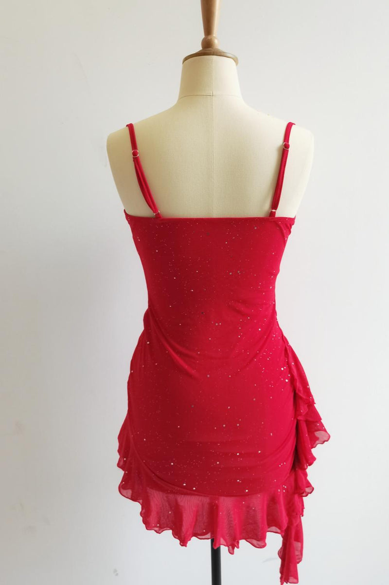 Straps Red Sparkle Fitted Dress with Ruffles – Ohmollydress