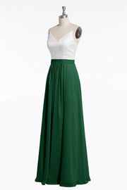 Spaghetti Straps White and Green Chiffon Long Bridesmaid Dress