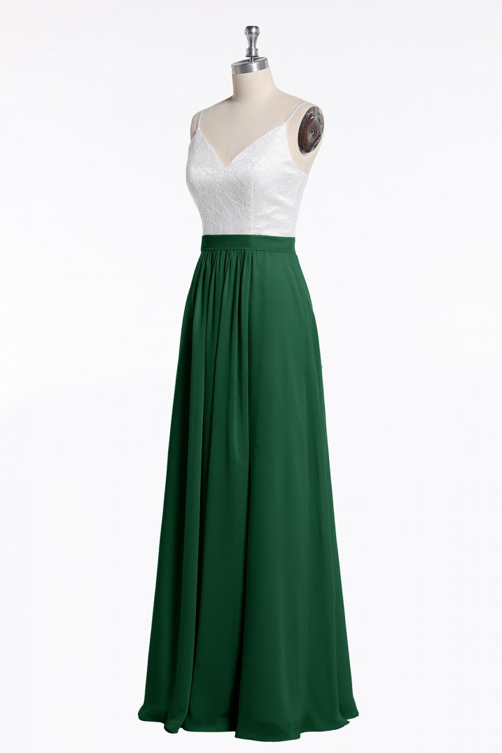 Spaghetti Straps White and Green Chiffon Long Bridesmaid Dress