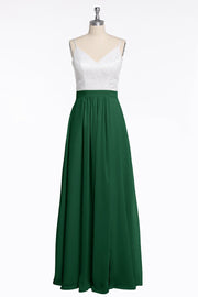 Spaghetti Straps White and Green Chiffon Long Bridesmaid Dress
