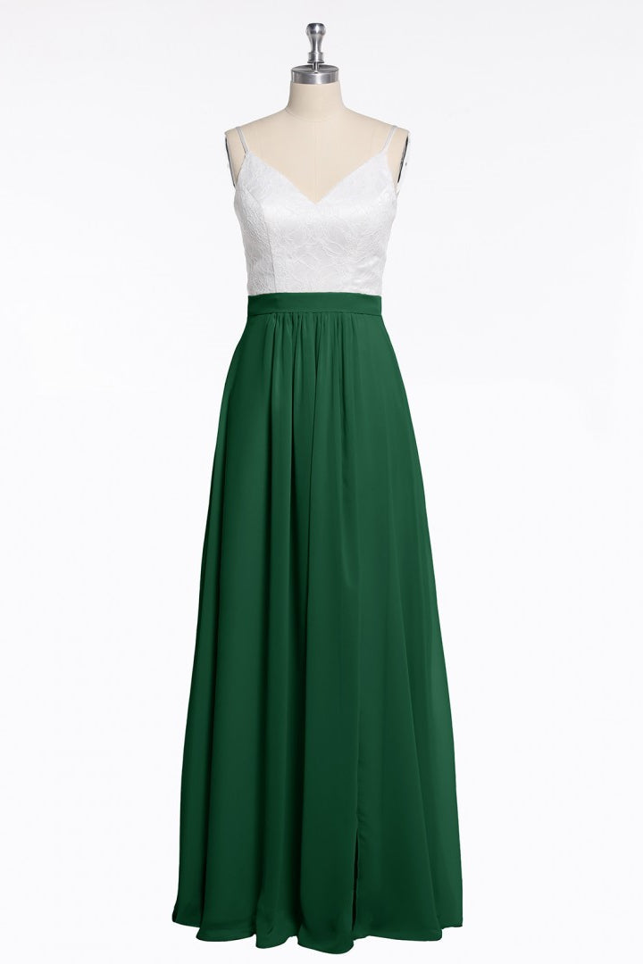 Spaghetti Straps White and Green Chiffon Long Bridesmaid Dress
