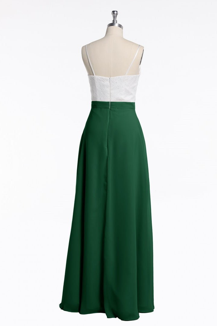Spaghetti Straps White and Green Chiffon Long Bridesmaid Dress