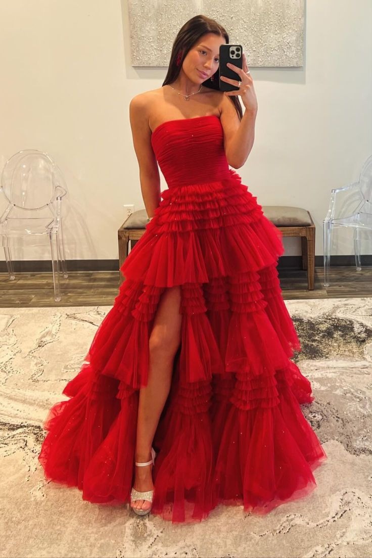 Strapless Periwinkle Tulle Tiered Formal Dress