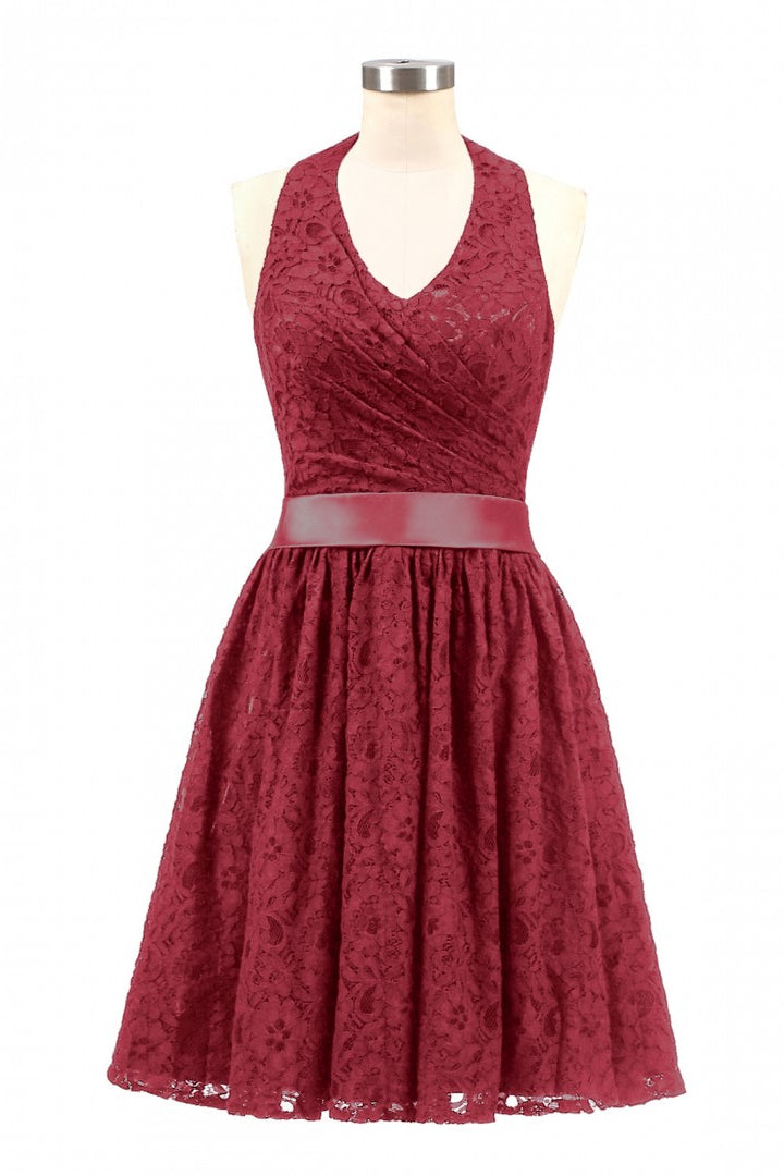 Halter Wine Red Lace Short A-line Bridesmaid Dress