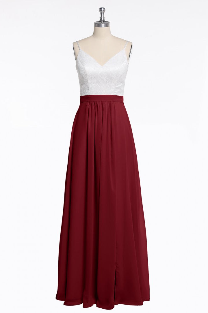 Spaghetti Straps White and Wine Red Chiffon Long Bridesmaid Dress