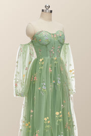 Puff Long Sleeves Green Floral Corset Long Formal Dress