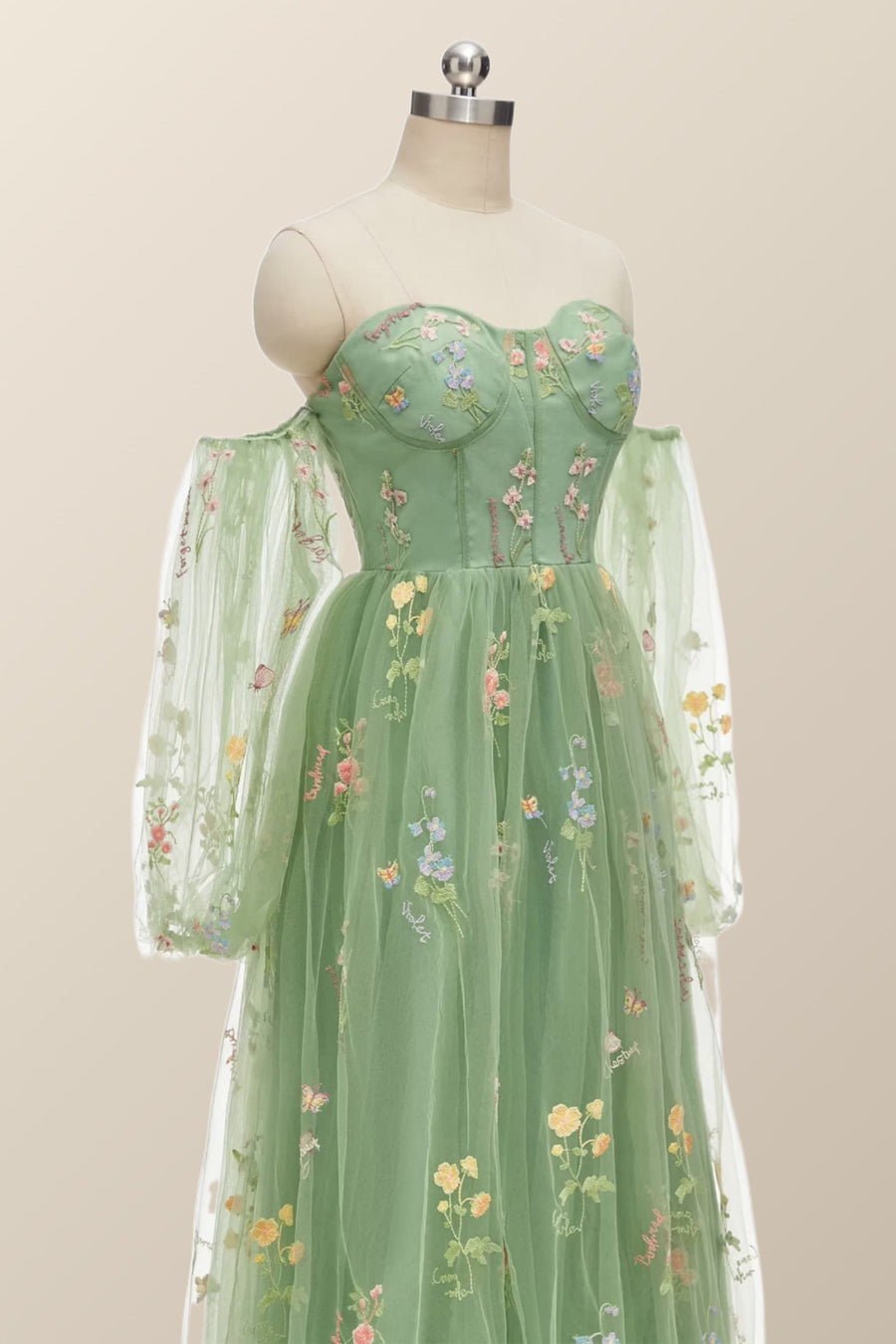 Puff Long Sleeves Green Floral Corset Long Formal Dress