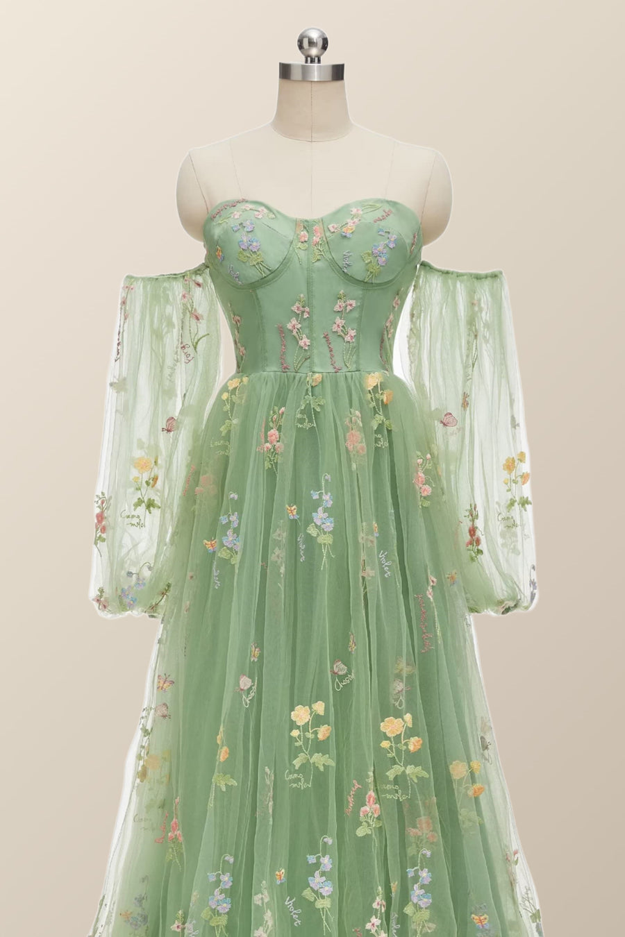 Puff Long Sleeves Green Floral Corset Long Formal Dress